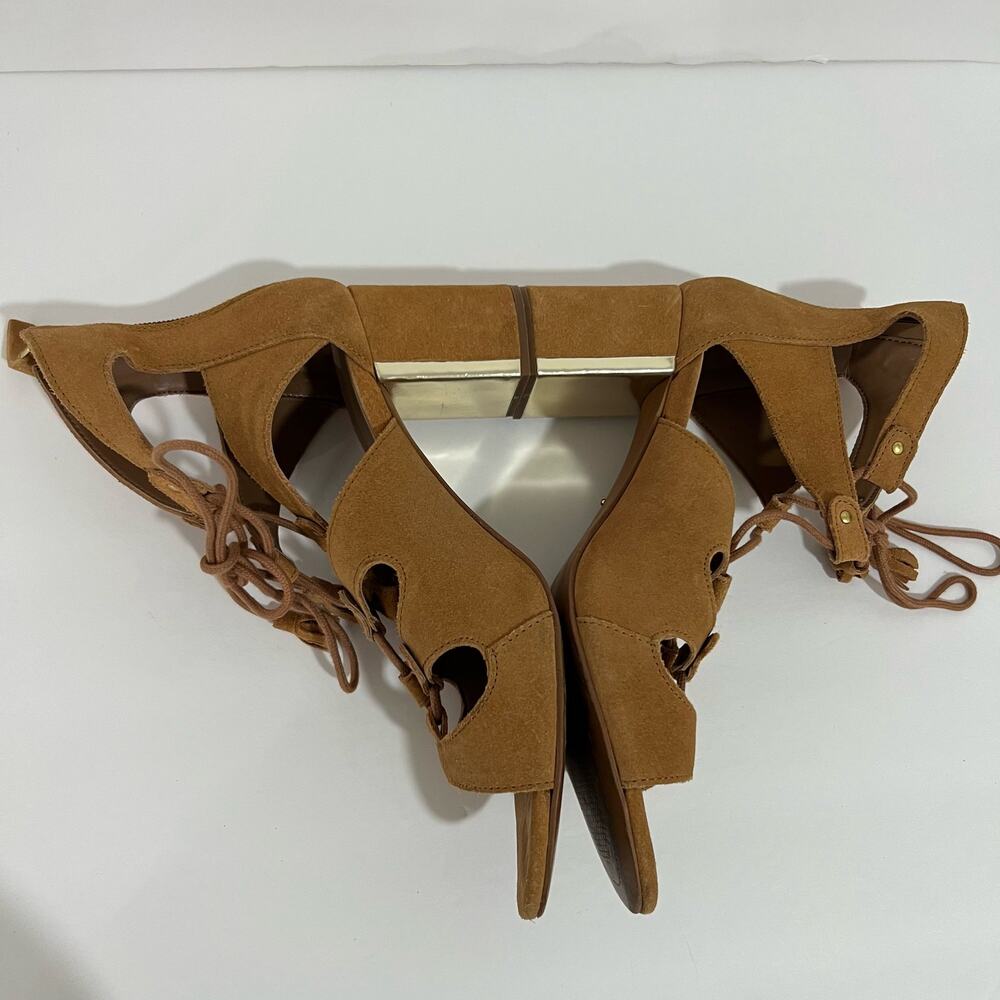 Stradivarius Lace Up Block Heels Camel Brown & Go… - image 6